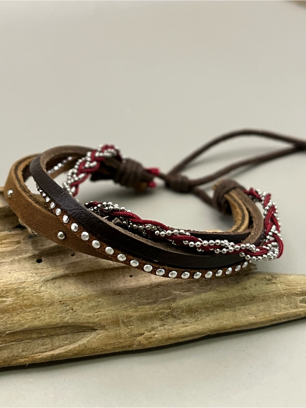 Brown Leather Multi Strand Bracelet Boho Wrap Studded Bracelet Adjustable Pull
